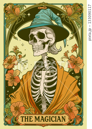 The magician. Tarot card in art nouveau style. Skeleton wearing hat. Vector bright illustration The magician. Tarot card in art nouveau style. Skeleton wearing hat. Vector bright illustration 133090117