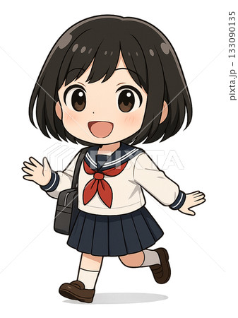バッグを持って元気な笑顔で走って登下校しているセーラー服の女子高生 バッグを持って元気な笑顔で走って登下校しているセーラー服の女子高生 133090135