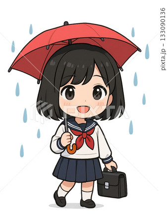 雨の中赤い傘を差して笑顔でかばんを持って登下校しているセーラー服を着た女子高生 133090136