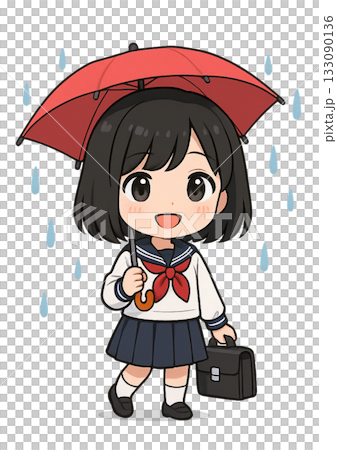 雨の中赤い傘を差して笑顔でかばんを持って登下校しているセーラー服を着た女子高生 133090136