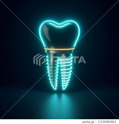Glowing dental implant symbolizing modern oral health solutions in a dark setting 133090463