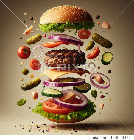 Delicious burger being assembled with fresh ingredients in a creative design Delicious burger being assembled with fresh ingredients in a creative design 133090471