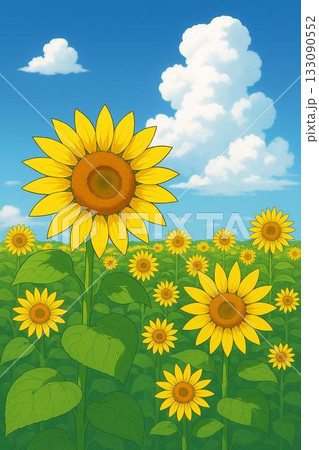 ひまわり畑　青空　アニメ調 133090552