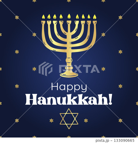 Jewish holiday greeting card with menorah candle stick and text happy Hanukkah vector illustration 133090665