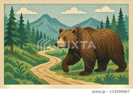 ヒグマ　クマ　山道　貼り絵風 133090667