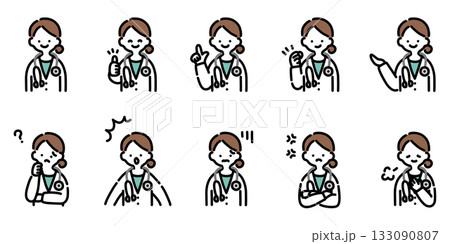 手描きイラスト:様々な表情の女性医師 手描きイラスト:様々な表情の女性医師 133090807