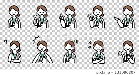 手描きイラスト:様々な表情の女性医師 手描きイラスト:様々な表情の女性医師 133090807