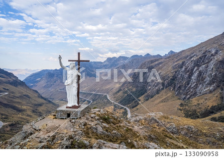 Aerial view of the White Christ in Chavin, Ancash. Aerial view of the White Christ in Chavin, Ancash. 133090958