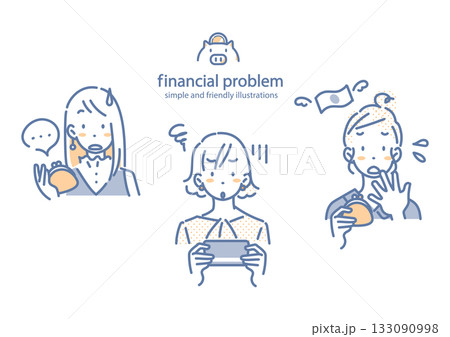 お金に不安を感じる若い女性 シンプルでお洒落な線画イラスト お金に不安を感じる若い女性 シンプルでお洒落な線画イラスト 133090998