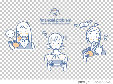 お金に不安を感じる若い女性 シンプルでお洒落な線画イラスト お金に不安を感じる若い女性 シンプルでお洒落な線画イラスト 133090998
