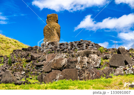 Low-angle view of the Moai statue on Ahu Ature at Anakena Beach, Easter Island. The lone stone ahu sits on a grassy hill under a blue sky with clouds 133091007