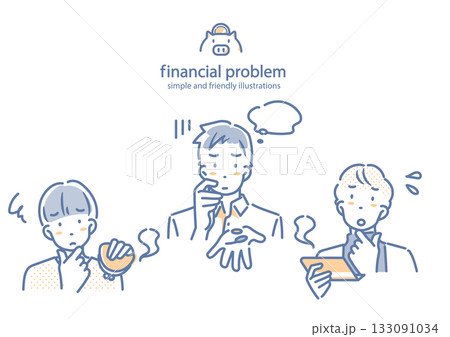 お金に不安を感じる若い男性 シンプルでお洒落な線画イラスト お金に不安を感じる若い男性 シンプルでお洒落な線画イラスト 133091034