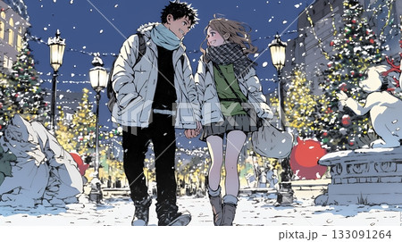 クリスマスのデートを楽しんでいる若いカップル