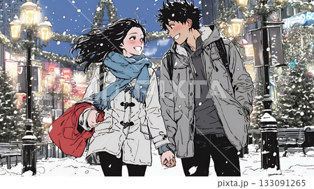 クリスマスのデートを楽しんでいる若いカップル