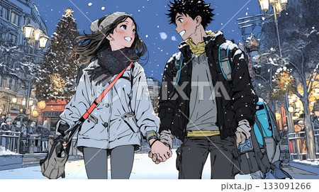 クリスマスのデートを楽しんでいる若いカップル