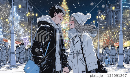 クリスマスのデートを楽しんでいる若いカップル