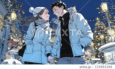 クリスマスのデートを楽しんでいる若いカップル