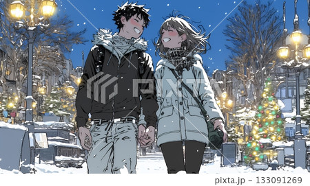 クリスマスのデートを楽しんでいる若いカップル