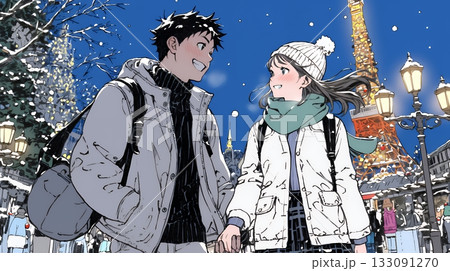 クリスマスのデートを楽しんでいる若いカップル