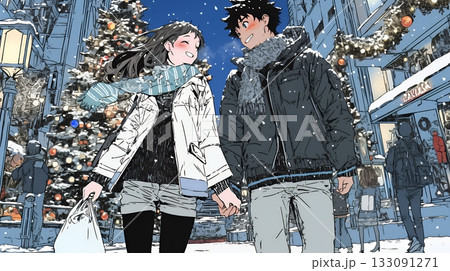 クリスマスのデートを楽しんでいる若いカップル