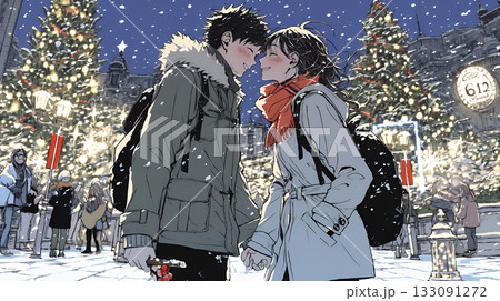 クリスマスのデートを楽しんでいる若いカップル