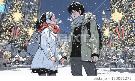 クリスマスのデートを楽しんでいる若いカップル