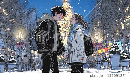 クリスマスのデートを楽しんでいる若いカップル