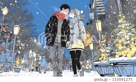 クリスマスのデートを楽しんでいる若いカップル