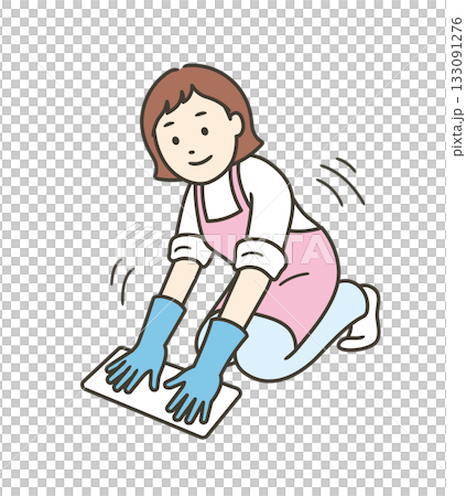 圖解:一位身穿圍裙、戴著橡膠手套的女子正在用抹布擦拭地板。 圖解:一位身穿圍裙、戴著橡膠手套的女子正在用抹布擦拭地板。 133091276