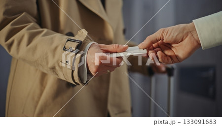 Woman Traveler With Curly Hair Tapping Key Card to Unlock and Entering Inside Woman Traveler With Curly Hair Tapping Key Card to Unlock and Entering Inside 133091683