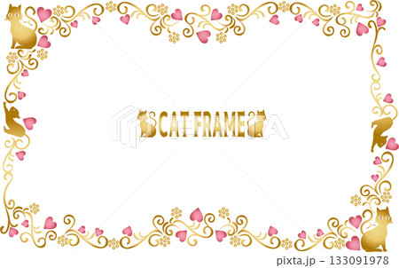 ビンテージカリグラフィ風フレーム素材180＜猫とハート・横位置＞ 133091978