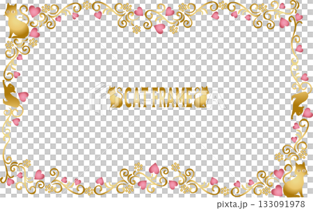 ビンテージカリグラフィ風フレーム素材180＜猫とハート・横位置＞ 133091978