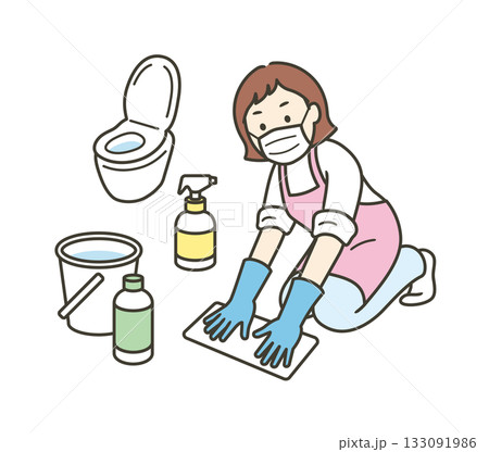 トイレ掃除をして除菌対策をする主婦の全身イラスト 133091986