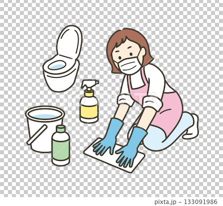 トイレ掃除をして除菌対策をする主婦の全身イラスト 133091986