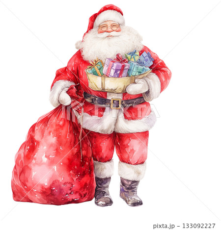 透明背景（png）にプレゼントを持ったサンタクロースの水彩イラスト 133092227