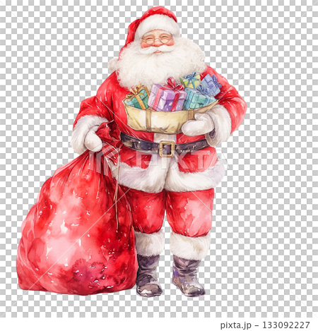 透明背景（png）にプレゼントを持ったサンタクロースの水彩イラスト 133092227