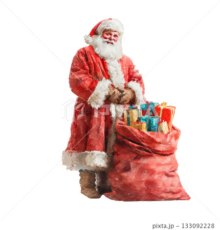 透明背景（png）にプレゼントを持ったサンタクロースの水彩イラスト 133092228
