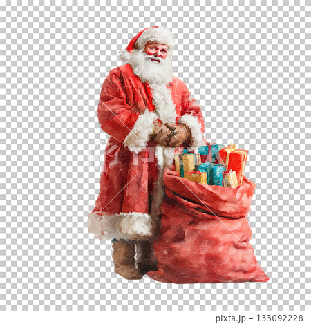 透明背景（png）にプレゼントを持ったサンタクロースの水彩イラスト 133092228