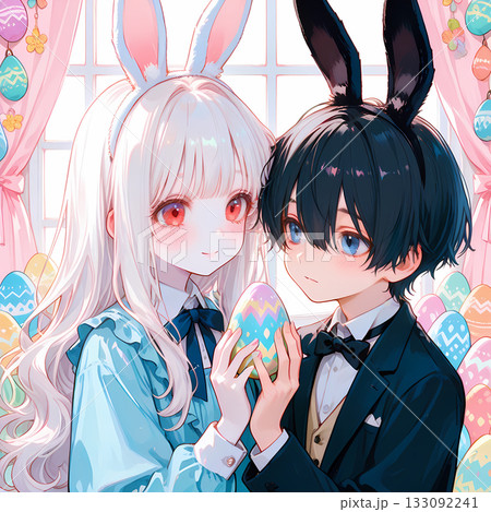 うさぎの耳を付けたカップル。アルビノの少女と碧眼の少年のイースター。漫画風の可愛いAIイラスト うさぎの耳を付けたカップル。アルビノの少女と碧眼の少年のイースター。漫画風の可愛いAIイラスト 133092241