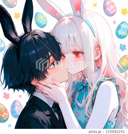 うさぎの耳を付けたカップル。アルビノの少女と碧眼の少年のイースター。漫画風の可愛いAIイラスト うさぎの耳を付けたカップル。アルビノの少女と碧眼の少年のイースター。漫画風の可愛いAIイラスト 133092242