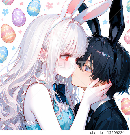 うさぎの耳を付けたカップル。アルビノの少女と碧眼の少年のイースター。漫画風の可愛いAIイラスト うさぎの耳を付けたカップル。アルビノの少女と碧眼の少年のイースター。漫画風の可愛いAIイラスト 133092244
