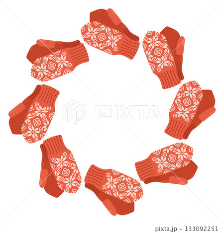 Simple vector illustration of cute red knitted mittens arranged in a circular frame. Winter holiday design, Christmas decoration, isolated on white background, perfect for greeting cards and prints Simple vector illustration of cute red knitted mittens arranged in a circular frame. Winter holiday design, Christmas decoration, isolated on white background, perfect for greeting cards and prints 133092251