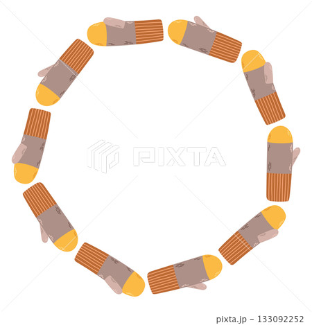 Simple vector illustration of cute knitted mittens arranged in a circular frame. Winter holiday design, Christmas decoration, isolated on white background, perfect for greeting cards and prints 133092252