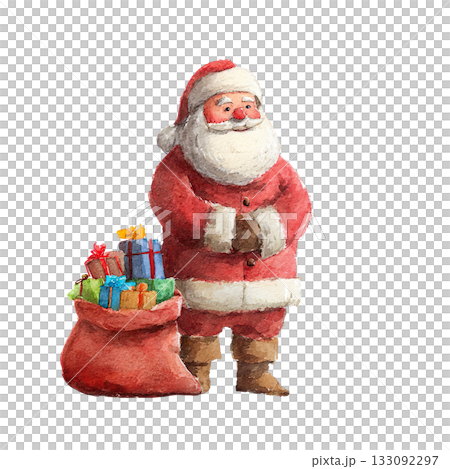 聖誕老人手持禮物的水彩插圖，背景透明（png格式） 133092297