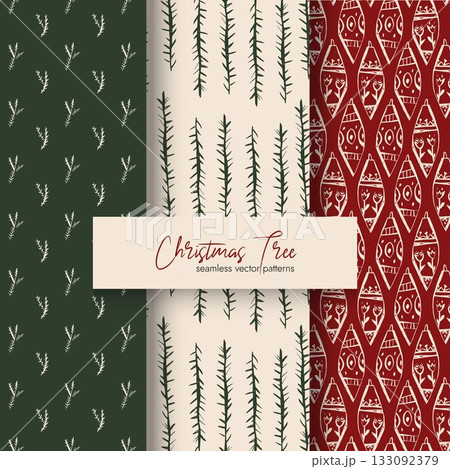 Christmas seamless pattern set with pine branches ornaments and festive hand drawn elements for winter design projects Christmas seamless pattern set with pine branches ornaments and festive hand drawn elements for winter design projects 133092379