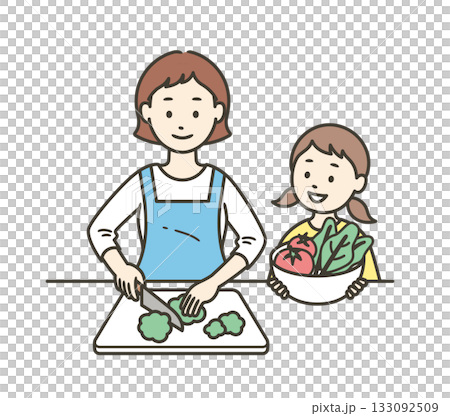 Upper body illustration of a mother cutting vegetables and a girl helping her 133092509