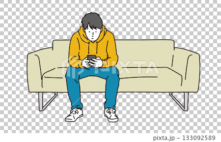 ソファで待つ男性が暇つぶしで携帯を見ているイラスト素材 133092589