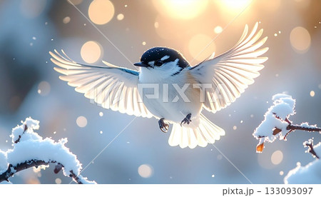 雪の中、翼を広げて羽ばたく小鳥のクローズアップ 雪の中、翼を広げて羽ばたく小鳥のクローズアップ 133093097