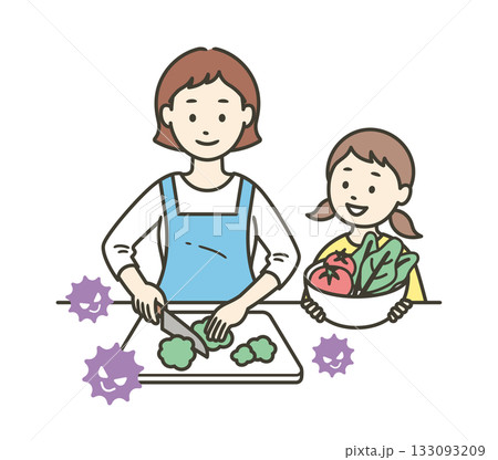 ウイルスが付いた食材を扱うお母さんと手伝いをする女の子の上半身イラスト ウイルスが付いた食材を扱うお母さんと手伝いをする女の子の上半身イラスト 133093209