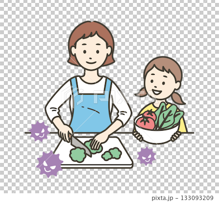 ウイルスが付いた食材を扱うお母さんと手伝いをする女の子の上半身イラスト ウイルスが付いた食材を扱うお母さんと手伝いをする女の子の上半身イラスト 133093209
